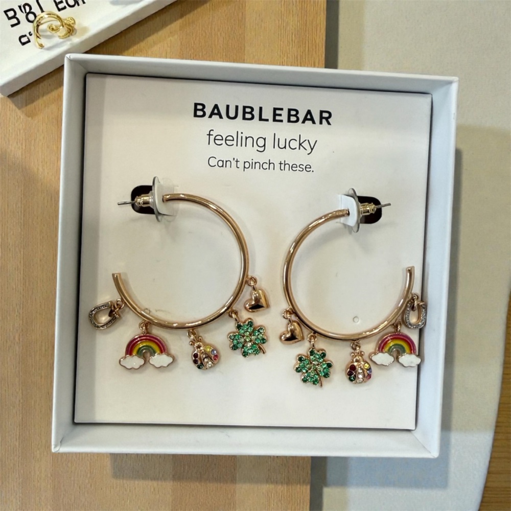BaubleBar St. Patty’s Day Gold and Green Charm Hoop Earrings